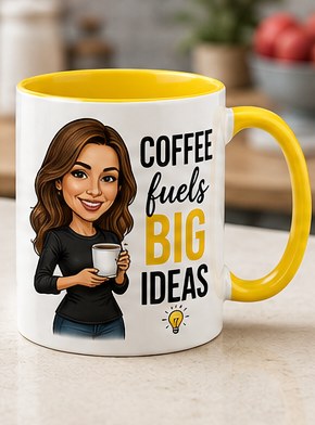 Coffee and big ideas — custom yellow caricature mug